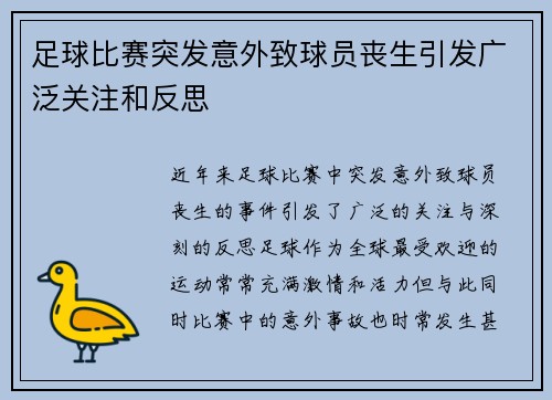 足球比赛突发意外致球员丧生引发广泛关注和反思