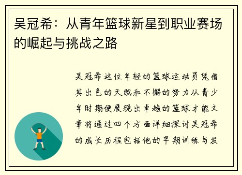 吴冠希：从青年篮球新星到职业赛场的崛起与挑战之路