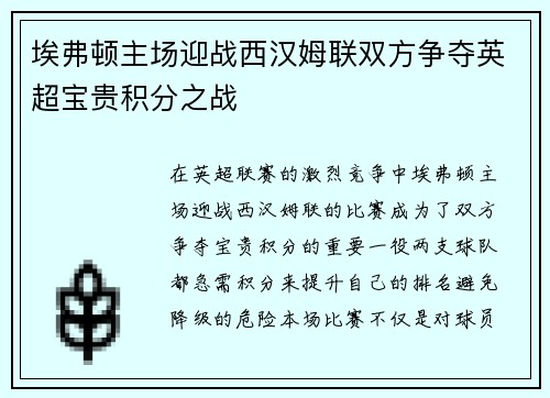 埃弗顿主场迎战西汉姆联双方争夺英超宝贵积分之战