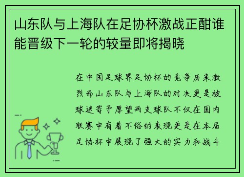 山东队与上海队在足协杯激战正酣谁能晋级下一轮的较量即将揭晓