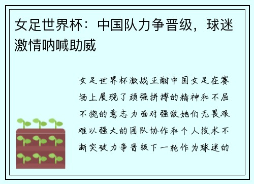 女足世界杯：中国队力争晋级，球迷激情呐喊助威